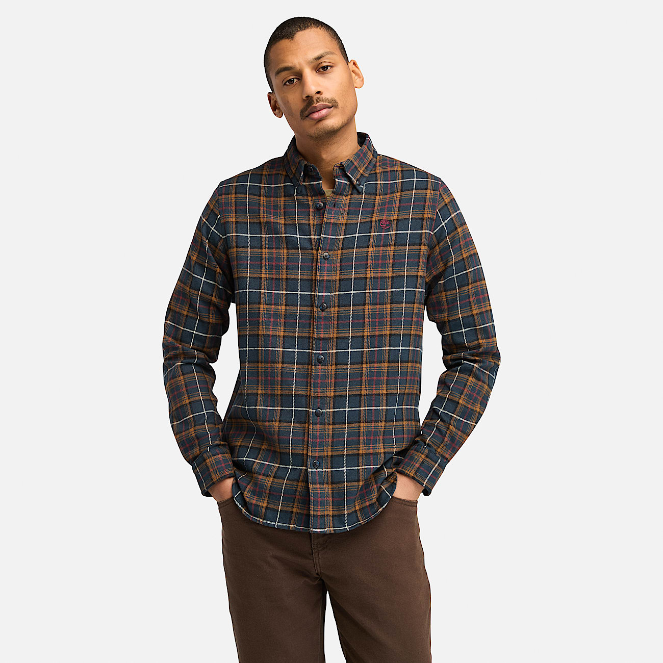 Camisa de franela de gramaje medio a cuadros para hombre en azul oscuro