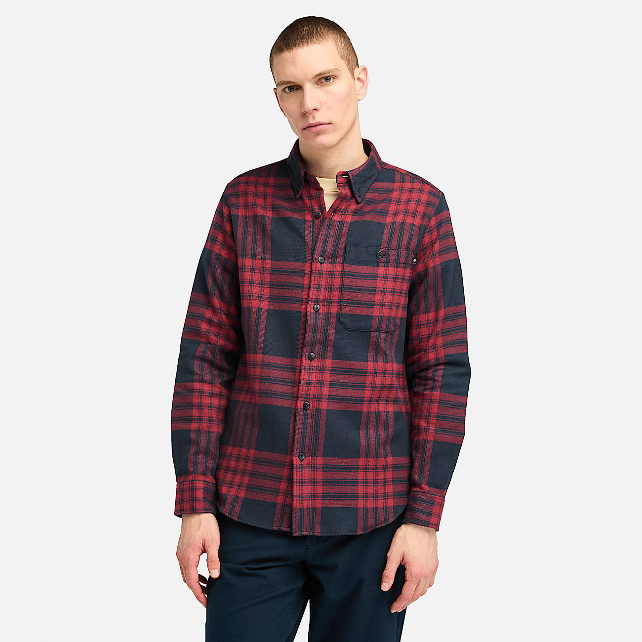 Chemise en flanelle semi epaisse a carreaux pour homme en rouge
