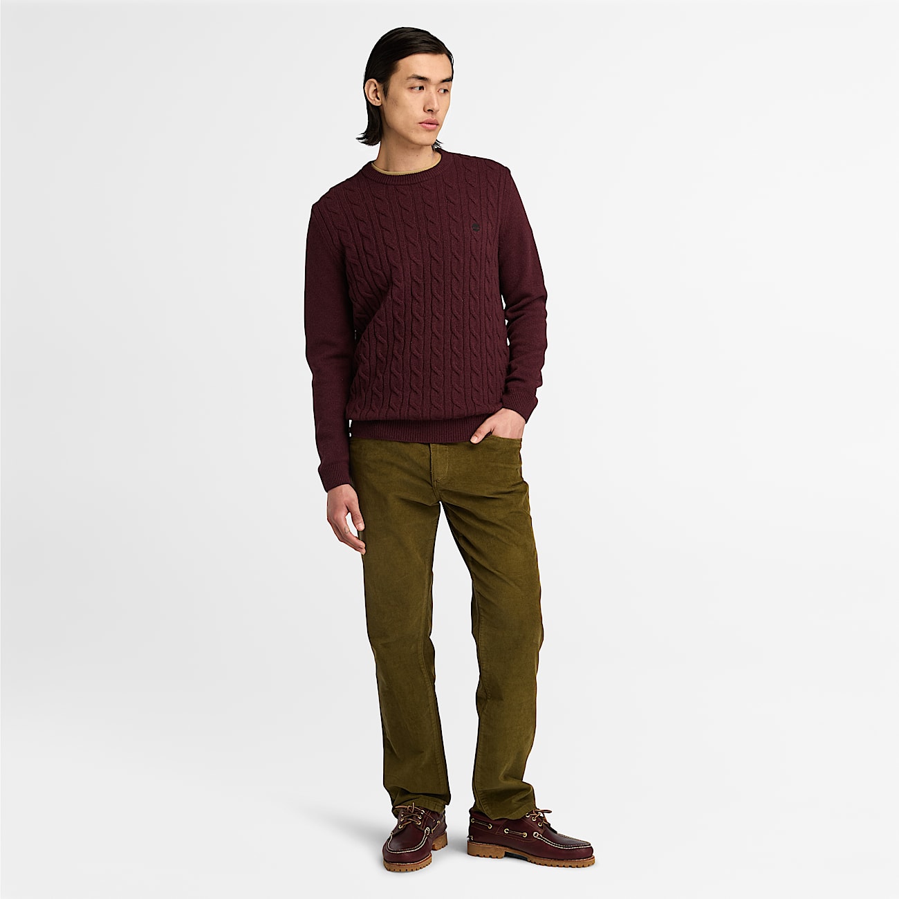 Jaffrey Lambswool Cable Crew Neck Jumper for Men in Dark Red