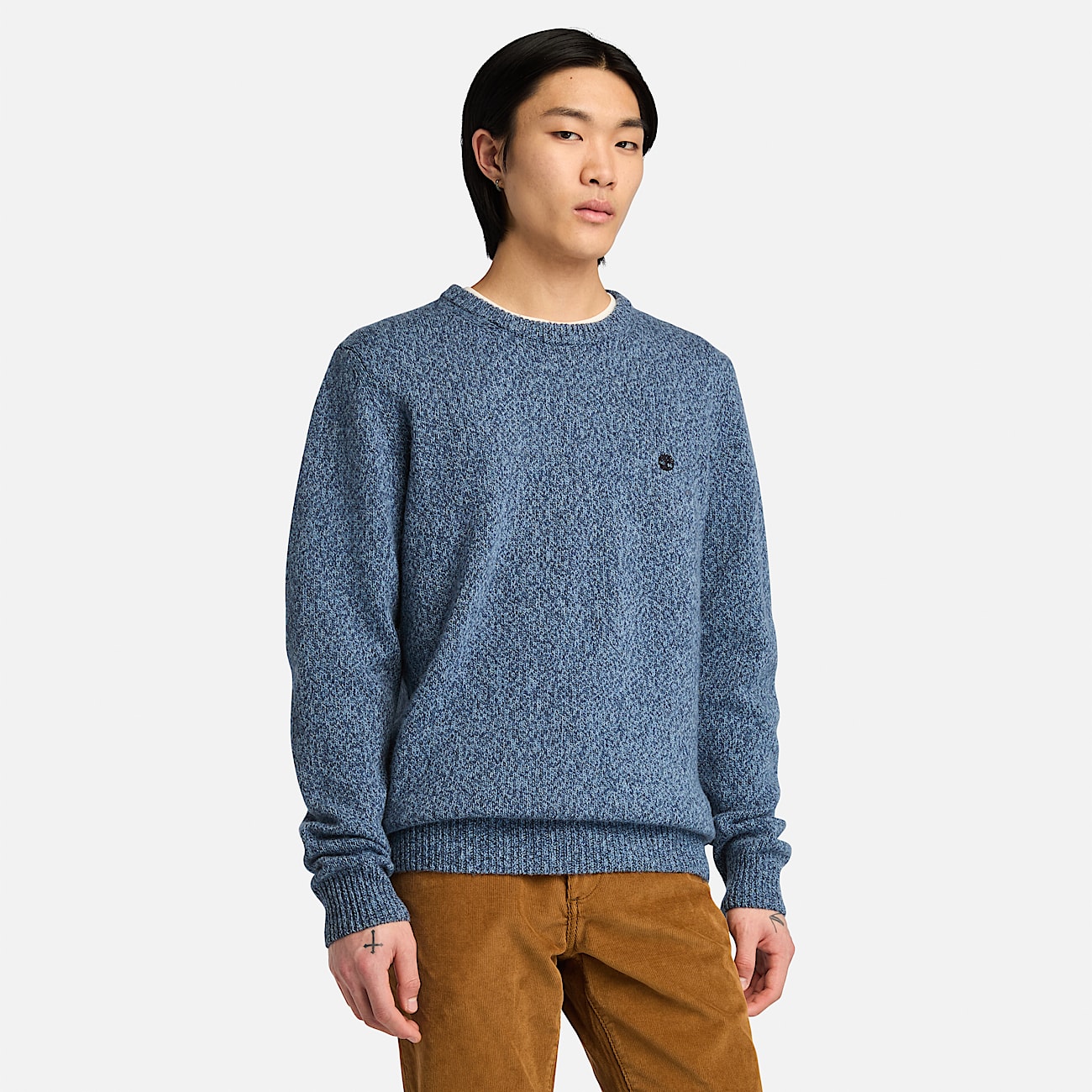 Pull a col rond en fil torsade pour homme en bleu