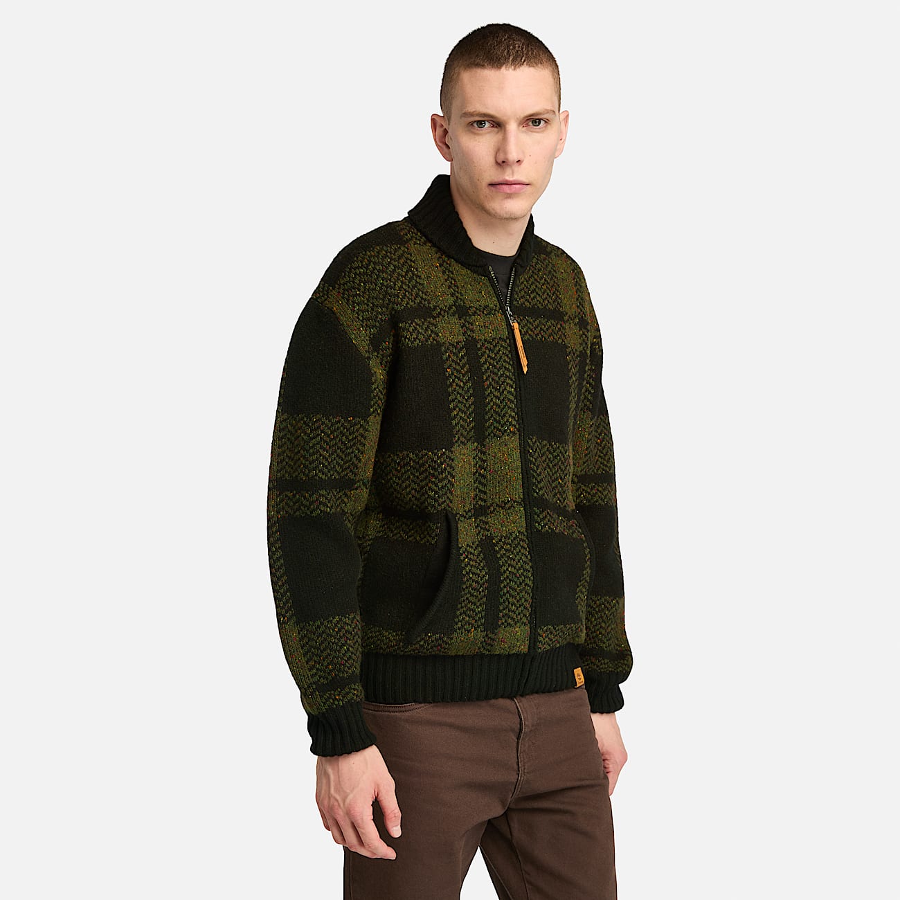 Plaid Full Zip Cardigan for Men in Green