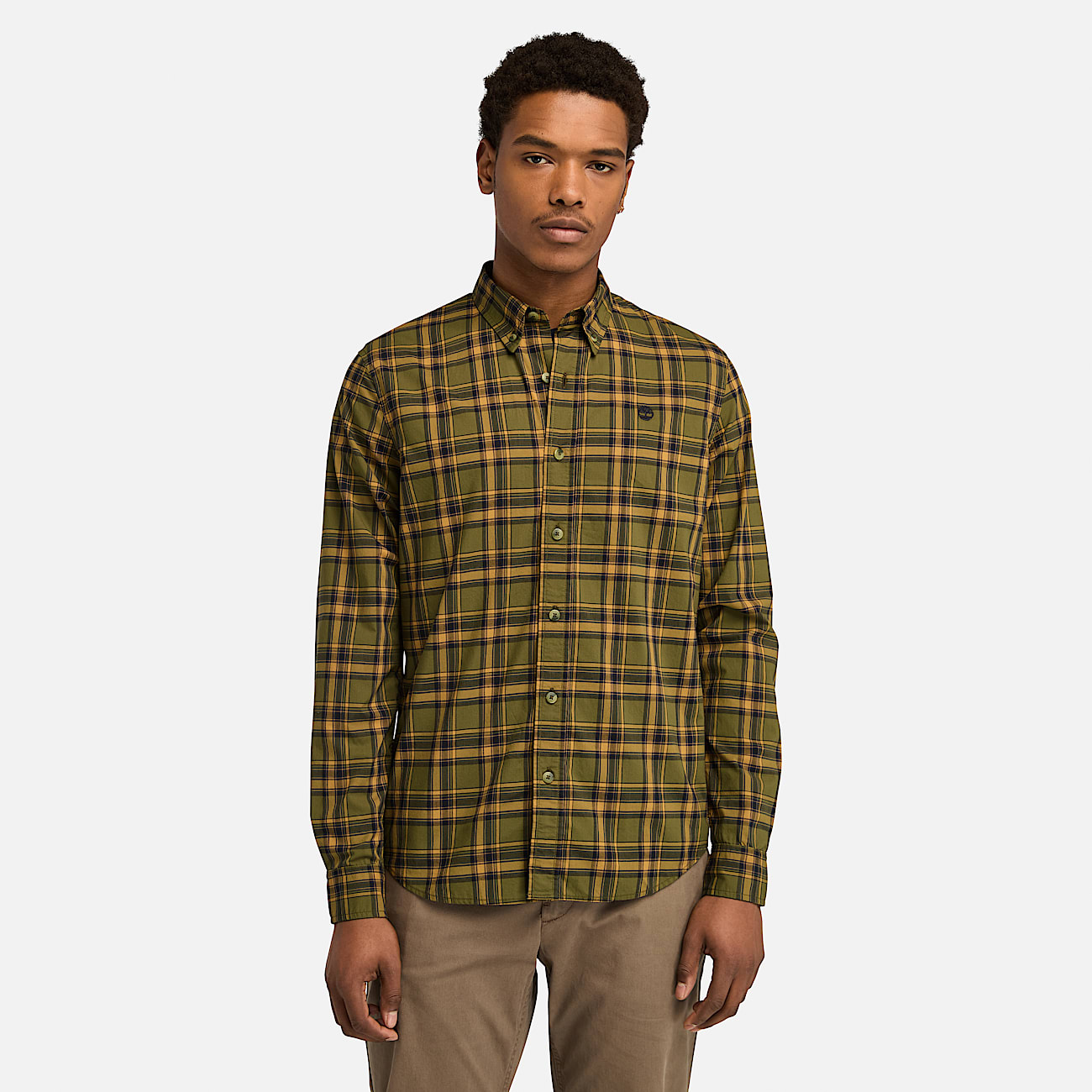 Camicia a Quadri in Popeline Elasticizzato da Uomo in verde