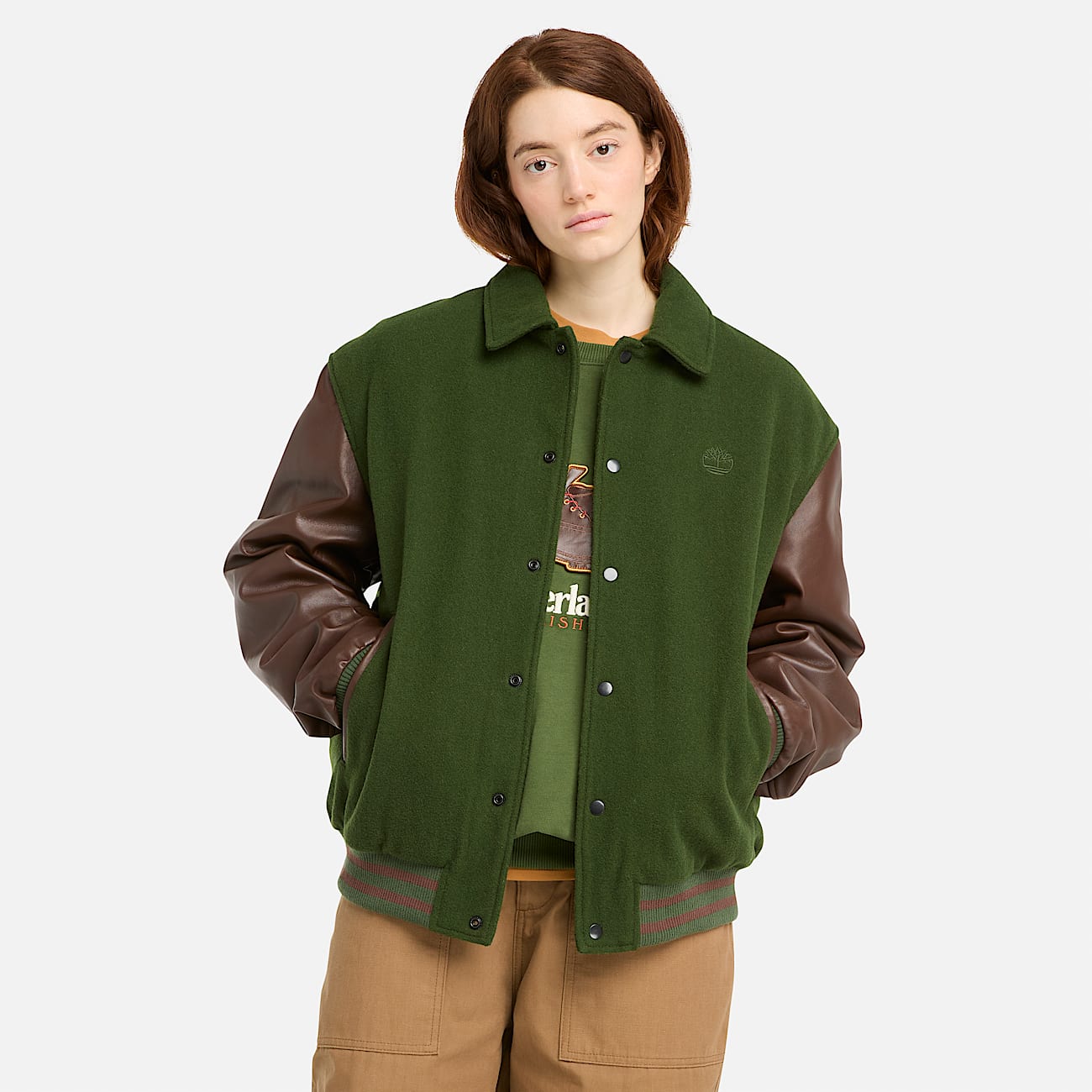 All Gender Leather Letterman Jacket in Dark Green